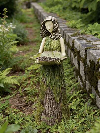 Forest-Themed Resin Garden Statue (Bird Feeder) - Fern & Bark Texture, Holds Bird Seeds. Ideal For Garden Paths, Patio Corners & Backyard Decor. Adds Natural Whimsical Vibes, A Popular Outdoor Accent For Stylish Functional Displays.