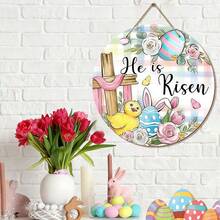 1 tấm bảng trang trí hình thánh giá "Chúa đã sống lại" chủ đề Lễ Phục Sinh, hình trứng, gà con và hoa hồng, dùng trang trí cửa ngoài trời, hiên nhà; vòng hoa gỗ hình tai thỏ kẻ caro kiểu nông trại dùng trang trí tường trong nhà. - Nhiều màu - Xem 5