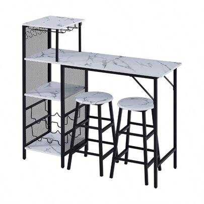 3Pcs Bar Table And Stools Set, Kitchen Breakfast Bar Table And Chairs Set 2 With Cup Holder And Wine Rack, Bar Table Sets Furniture For Kitchen, Dining Room, Pub, Cafe