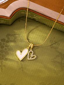 1pc 18K Gold Plated Stainless Steel Double Heart Inlaid Zirconia Necklace, Versatile, Exquisite, Luxurious Elegant, Suitable For Women's Daily And Party Wear, Gift For Girlfriend, Social Gifting, Material, Harmless, Eternal Classic Element, High-Quality Minimalist Style, Daily Wear, Valentine's Day Gift - Gold - View 4