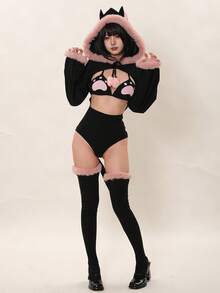 Black Cat Cosplay Set For Women – Furry Hooded Kitty Ears Knit Bodysuit With Bikini Top & Bottom, Wrist & Ankle Rings, Socks, Fluffy Thick Material, Two-Piece Cute Anime Costume For Photoshoots & Events - màu đen - Xem 2