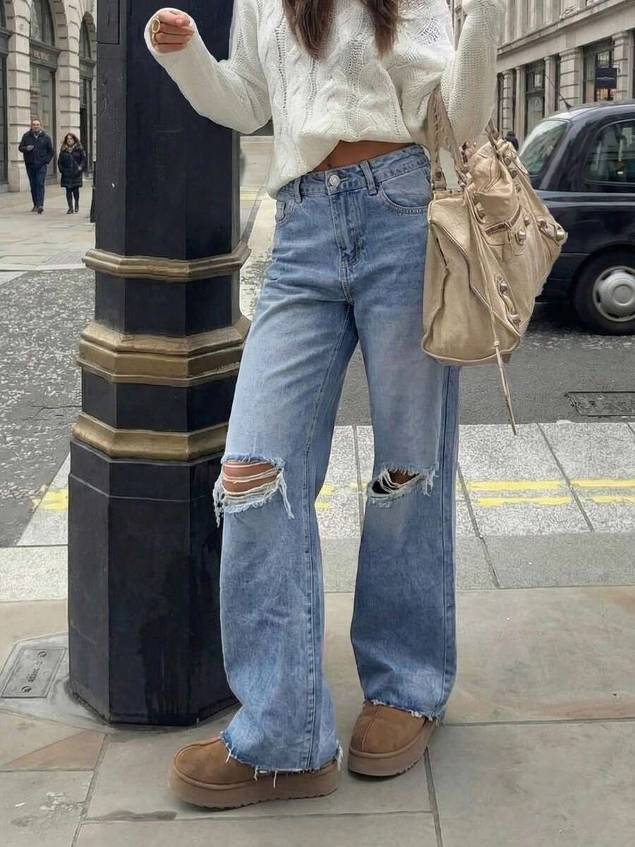 Women Casual Light Wash Denim Straight Leg Jeans With Ripped Knees Extra Long Non-Stretch Fabric Zipper Closure - Blue - View 1