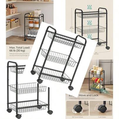 sdeSONGMICS Carrito de Servicio Estanteria de 3 Niveles con Ruedas Cestas y Estantes Extraibles Carro Metalico con Cerradura y Asas para Baño Cocina y Armario Negro MBSC03BKkiu
