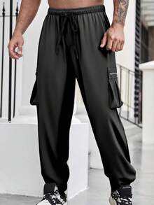 Pantalones de trabajo para hombre de otoño e invierno, estilo americano de calle, múltiples bolsillos, tallas grandes, corte , amplios y holgados - Negro - Ver 4