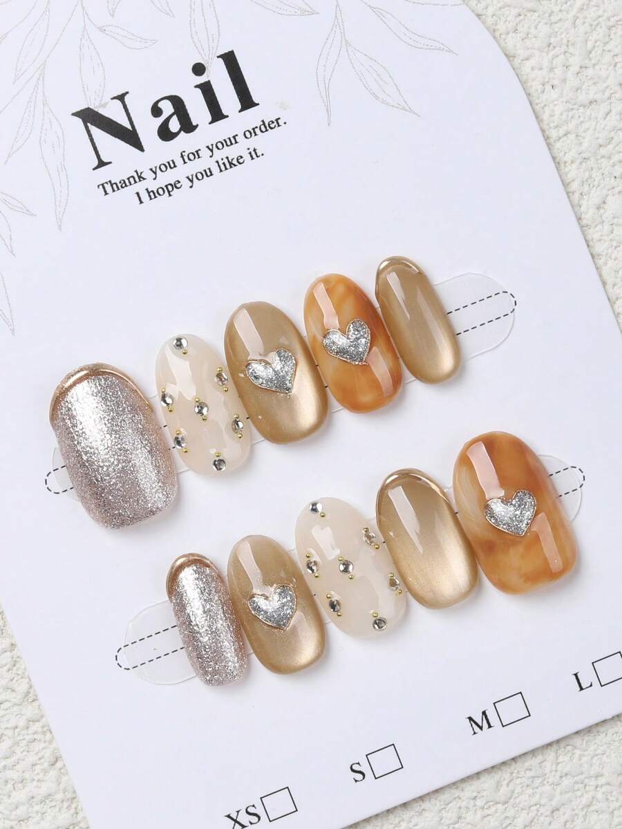 10片椭圆形香槟色闪粉猫眼3D爱心全覆盖手工美甲贴纸，可重复使用，4种尺寸可选，适合女孩/女士、演员、舞台表演、节日、派对、婚礼和日常佩戴 - 香檳色 - 查看 1