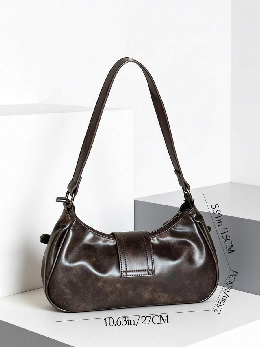 Y2K Vintage Soft Distressed Leather Motorcycle Bag With Rivets, Buckle Decor, Pleated Cloud Design Shoulder/Underarm Bag, Suitable For Work, Commute, Date, Party - Coffee Brown - View 1