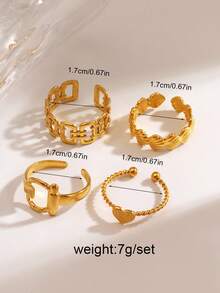 4件套不锈钢简约心形线条设计戒指套装，时尚百搭，适合女性日常佩戴，亦可作为节日礼物。