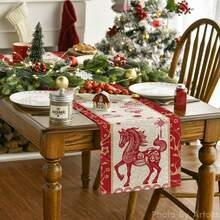 2026年中国生肖马年新年快乐桌布，春节冬季厨房餐桌装饰，家居派对装饰 - 紅色 - 查看 23