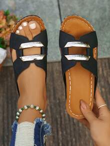 Women's Brown Leopard Print Color Block Symmetrical Perforated Round Toe Platform Wedge Sandals, Stylish Slip-On Casual Outdoor Slippers For Summer, Black Patterned Design - Màu đen mờ - Xem 3