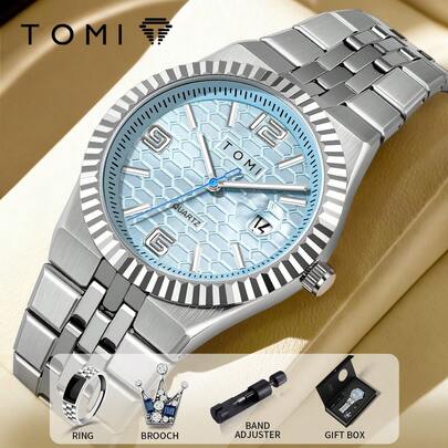  Đồng hồ nam TOMI Quartz kèm ghim cài hình vương miện, dây đeo thép không gỉ, mặt số hình tổ ong, lịch, phù hợp cho sinh hoạt hàng ngày, sự kiện kinh doanh, Ngày của Cha, Ngày Valentine, Giáng sinh, bộ quà tặng.