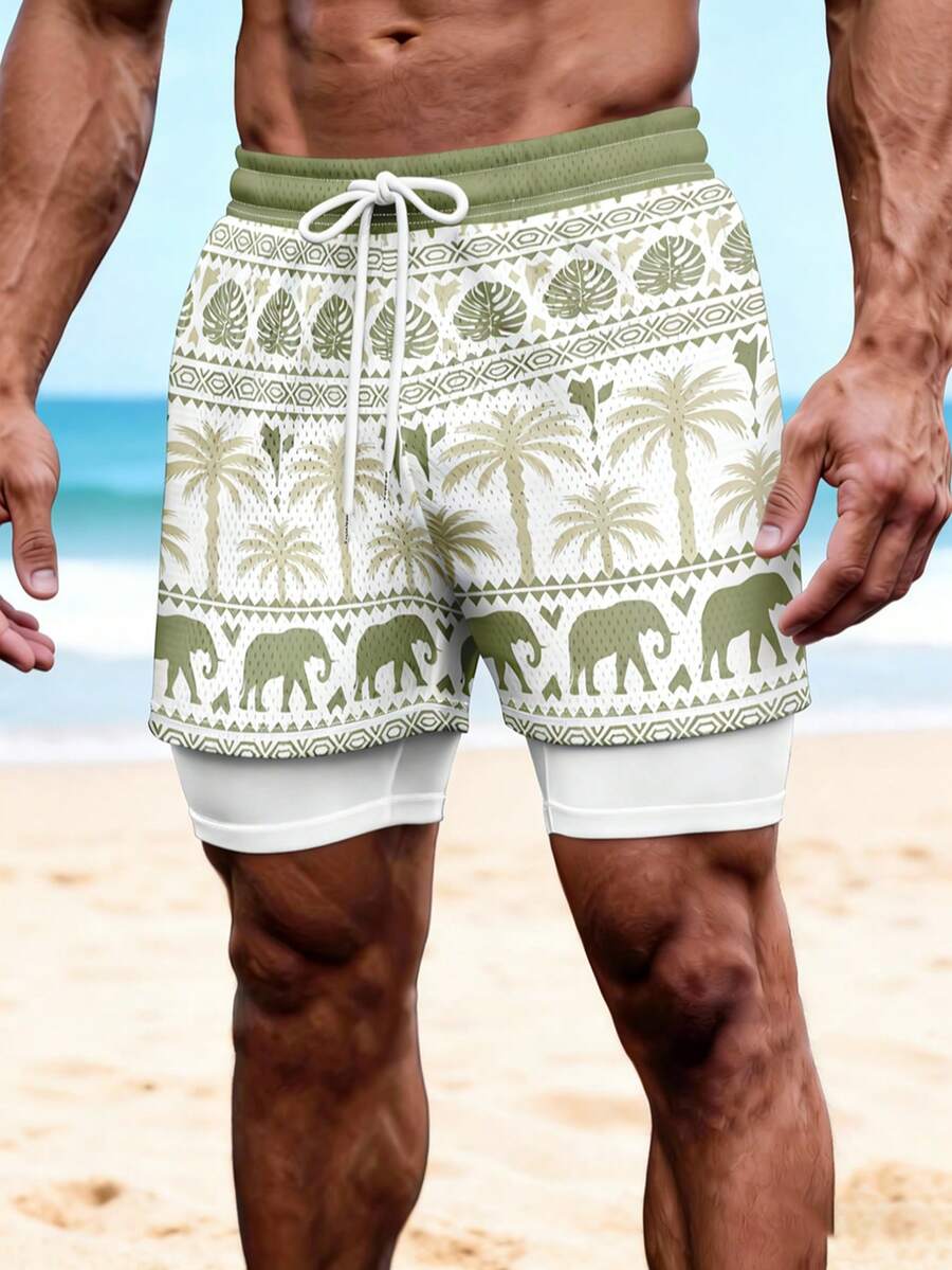 男士抽绳腰带椰树印花休闲度假沙滩短裤 - 彩色 - 查看 1