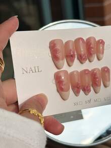 10pcs 3D Pink Floral Design French Manicure Nails, Handmade Full Coverage Almond Medium Length Nails, 3D Hand-Painted Flower Carving Design, Bright & Glossy Pink & White Duckbill Shaped High-End Minimalist Vacation Style Elegant Nail Art - Multicolor - View 5