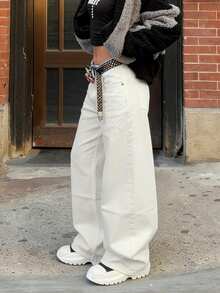 Women's Mid-Waist Apricot Street Wide Leg Jeans - Versatile & Stylish Denim For Daily Outings And Photo Shoots - Apricot - View 7