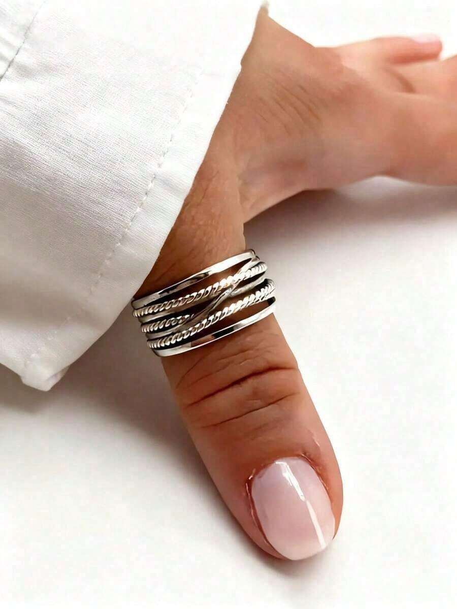 1pc Vintage Royal Style Thumb Knitted Multi-Layer Open Ring, Thick Adjustable Ring, Rugged Bohemian Elegant Ring, Women's Jewelry For All Seasons, Gift For Her - Silver - View 1