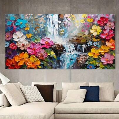 波西米亚风格瀑布花卉帆布画，无框抽象墙面装饰画，色彩鲜艳的花卉图案，尺寸50x100厘米/19.68x39.37英寸