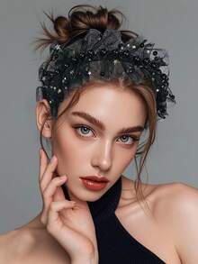 1pc Minimalist Everyday Wear Pearl Headband, Handmade Pearl Hair Accessory, Suitable For Women Head Accessories - Black - View 2