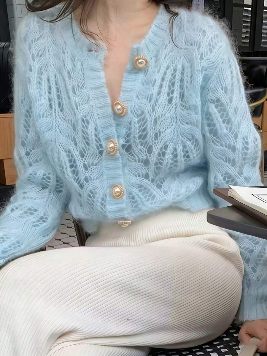 女款優雅針織開襟毛衣外套,透視蕾絲幾何圖案,前開鈕扣式,適合秋冬正式與休閒穿著,返校穿搭 - 天藍色 - 查看 1