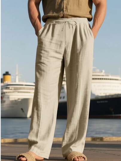 Men's Lightweight Casual Drawstring Waist Straight Leg Pants, Loose Fit, Breathable Linen Fabric, Suitable For Outdoor, Sports, Fitness, Vacation