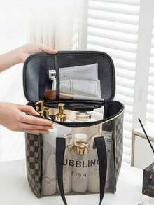 1个防水大容量旅行翻盖洗漱包，化妆包，便携式旅行收纳包，手持化妆品收纳袋，适用于旅行和居家使用，也是送给亲朋好友的绝佳礼物。洗漱包、旅行洗漱包、沐浴包、透明化妆包、防水袋，女士收纳袋，旅行必备、邮轮必备、度假必备 - 黑色 - 查看 13