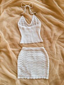 MORI 2026 Spring/Summer New White Lace-Up V-Neck Sleeveless Top And Pencil Skirt Knit 2-Piece Set, Wavy Hollow Texture, Knit Fabric, Y2K Fresh Vacation Style, American Sexy Elegant, Summer Vacation, Beach Walk, Music Festival, Travel, Daily Wear - White - View 8