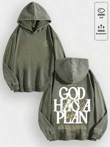 1pcsMen's Unisex "God Has His Plans - Faith Enlightenment" Printed Cotton Hoodie, Vintage Casual Fashion Daily Soft Warm Hoodie, Suitable For Streetwear And Spiritual Aesthetic Enthusiasts, Men's Winter Clothing - 軍綠色 - 查看 12