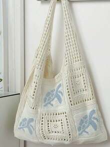 Valentine's Day Women's Summer Beach Tote Bag - Crochet Design With Sea Turtle Pattern, Large Capacity Open-Top Tote, Beige Polyester, Suitable For Casual Outings And Coastal Vacations, Beach Tote Bag, Travel Accessory, Bohemian Fashion, Woven Texture, Spacious Tote Bag, Essential For Vacation, Ideal For Work, Back To School , Bohemian Outfit For Women - 彩色 - 查看 7