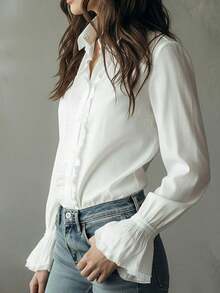 Blouse ample pour femmes de grande taille, élégante, de couleur unie, avec col à volants et manches évasées. Tenue décontractée pour le printemps et l'automne, couleur blanche - Blanc - Voir 1