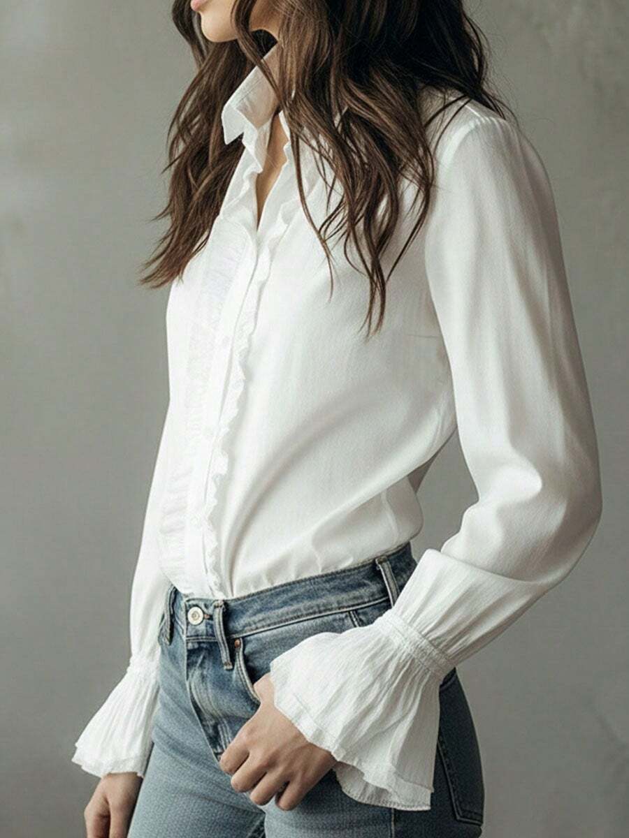 Blouse ample pour femmes de grande taille, élégante, de couleur unie, avec col à volants et manches évasées. Tenue décontractée pour le printemps et l'automne, couleur blanche - Blanc - Voir 1