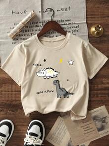 1pc Toddler Boys' Creative Cartoon Graphic Letter Slogan Print Basic Crew Neck Short Sleeve T-Shirt, Casual & Fashionable Baby Boy Clothing - Apricot - View 2