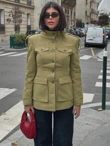 Women's Khaki Bomber Jacket, Casual Long Windbreaker For Autumn/Winter, Button-Up Long Sleeve Street Style Outerwear - Olive Green - View 6