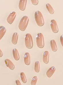 24片椭圆形美甲贴片，裸色底，饰有全息闪粉水钻，甜美风格美甲套装，适合女孩/女士约会、送礼、情人节、日常佩戴，包含1片果冻胶和1个指甲锉。 - 杏色 - 查看 7