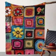 1pc Comfortable Colorful Crochet Floral Pattern Flannel Blanket, Bedroom Decor, Picnic Mat, Travel Throw, Wool Blanket, Bed Blanket, Plush Throw, Casual Blanket, Autumn Blanket, Summer Quilt, Bedroom Rug, Soft Blanket, Sofa Cover, Cool Fleece, Soft Polyester Knitted Design, Multi-Purpose, Machine Washable, Bedding, A Fluffy Blanket And Casual Throw, Ideal Gift For Family And Friends On Birthday, Anniversary, Everyday - 彩色 - 查看 8