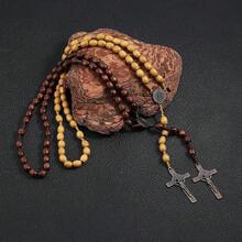 Rosary Beads Catholic For Women Handmade Wooden Catholic Rosay With Jes 1us Christ Crucifix Cross Real Healing Wooden Rosary Beads Yoga Meditation Prayer Bead Necklace - 咖哩 - 查看 5