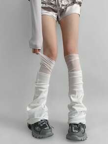 1 Pair Spring/Autumn New Korean Style Mesh Ballerina Patchwork Leg Warmers, Light Gray/White/Black Knitted Flared Leg Warmers, Y2K Subculture Hot Girl White Thigh High Leg Warmers - Multicolor - View 4