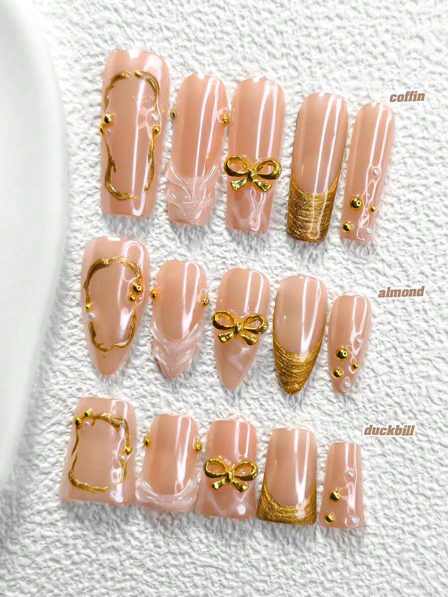 10件套奢华美甲套装,包含棺材形美甲贴片、杏仁形美甲贴片、鸭嘴形美甲贴片、法式美甲贴纸、合金蝴蝶美甲装饰、水滴美甲贴纸、镀金美甲凝胶以及工具套装(1张果冻贴纸+1把指甲锉)。适合女性在派对、节日、婚礼等场合佩戴,是送给她的绝佳礼物。 - 彩色 - 查看 1