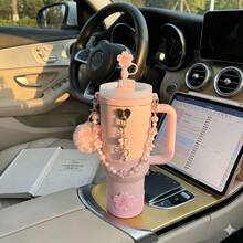 7件套樱花粉色配件套装，适用于30盎司/40盎司保温杯 - 美观的吊坠手柄链、硅胶套、吸管套、毛球钥匙扣，可爱春季礼物，适合女性和女孩 - 彩色 - 查看 2