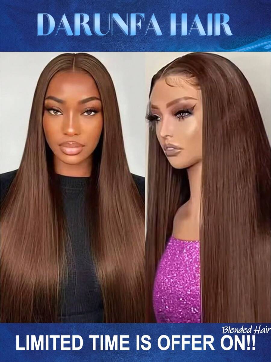 34英寸 200%密度 13x4蕾丝前额假发 #4棕色直发混纺真人发假发 预先拔毛 13x4高清透明蕾丝前额假发 女士款 - 棕色 - 查看 1