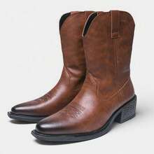 Men's Classic High-Top Leather Boots, Featuring Retro Pointed Toe Design And Fashionable Chunky Heel, Blending Western Cowboy And Knight Styles. Made Of Microfiber Leather Upper And Rubber Sole For Comfort And Durability. - Brown - View 2