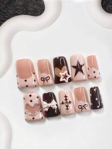 10件套可爱时尚美甲套装，亚克力按压式美甲贴片，浅粉色镂空星星，闪亮蝴蝶结美甲装饰，手绘迷你水钻爱心，白色波点，手绘棕色星星，十字架，蝴蝶结美甲配件，优雅女士美甲用品礼物 - 彩色 - 查看 14