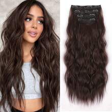Long Wavy Clip-In Hair Extensions Women - 4PCS Thick Synthetic Hairpieces With Snap Clips, Easy To Wear & Comfortable, Daily Use, Parties And Styling - Dark Brown - Xem 3