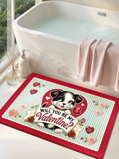 1 件浴室地垫/门垫，1 张情人节狗狗贺卡，1 套情人节礼品套装，适用于浴室、厨房、户外、室内、走廊、卧室、客厅，可机洗，易于清洁的入口地垫，防滑底背，适合卧室冬季装饰、情人节节日装饰、卧室节日装饰、装饰地毯、浴室配件、必备房间装饰套装