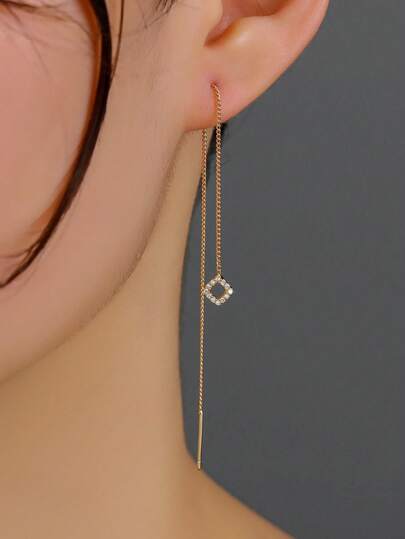 Nooxian 1 Pair Geometric Minimalist Rhombus Copper Zirconia Stone Tassel Pierced Earrings, Gold Jewelry For Daily Wear