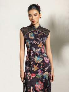 女士优雅无袖蕾丝拼接提花花卉开衩高低摆旗袍连衣裙 - 现代中式正式礼服，适合婚礼、晚宴、公司活动、外交招待会和文化庆典 | 修身剪裁，尽显优雅气质 - 黑色 - 查看 7