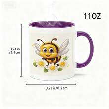 1pc Hardworking Bee Design Mug - 11oz Ceramic Coffee & Tea Cup With Cute Cartoon Bee, Daisies & Polka Dot Pattern - Perfect Gift For Elderly Men, Women, Birthdays, Mother's Day, Father's Day, Christmas, Bee Decorations For Home, Everyday Drinkware, Cheerful Kitchenware, Durable Drinkware - 紫色 - 查看 6