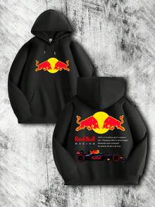 Fashionable Men's Hoodie With "Red Bull RACING" Pattern, Printed On Both Sides, Racing Car Graphic Design, Stylish Street Style Hoodie, Comfortable And Loose Fit For Autumn And Winter, Suitable For Everyday Wear, Machine Washable, A Great Gift For Men. - 黑色 - 查看 3