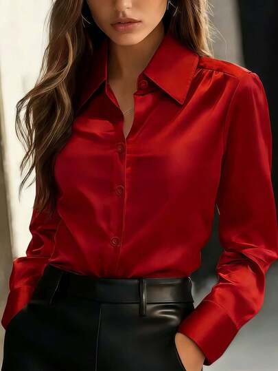 女士长袖纯色缎面翻领衬衫 – 优雅休闲商务风上衣，适合办公室及日常穿着，春夏秋冬四季皆宜