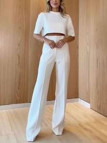 Conjunto casual elegante de 2 peças para primavera/verão, para deslocações diárias, escritório e negócios, conjunto casual feminino, conjunto feminino elegante, roupa árabe branca - Branco - Ver 1
