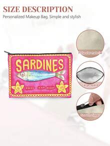 Vintage Sardine Fish Pattern Unisex Cosmetic Bag, Large Capacity Foldable Spacious Zipper Pouch, Travel Essential Lightweight Small Item Storage Bag, Portable Handheld Bag, Multi-Function Coin Purse, Toiletry Bag, Pencil Case, Makeup Brush Bag, Women's Daily Carry-On, Suitable For Commuting, Vacation, Business, Fitness And Outdoor Use