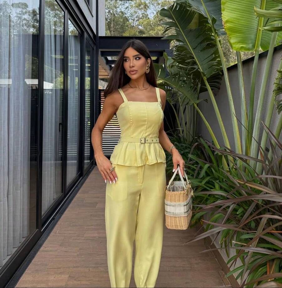 Elegant Women's Set: Blouse With Belt And Tailored Trousers. Elegant, Conservative/Modest, Casual, Belted, Evening, Wedding, Office, Summer. - 鵝黃色 - 查看 1