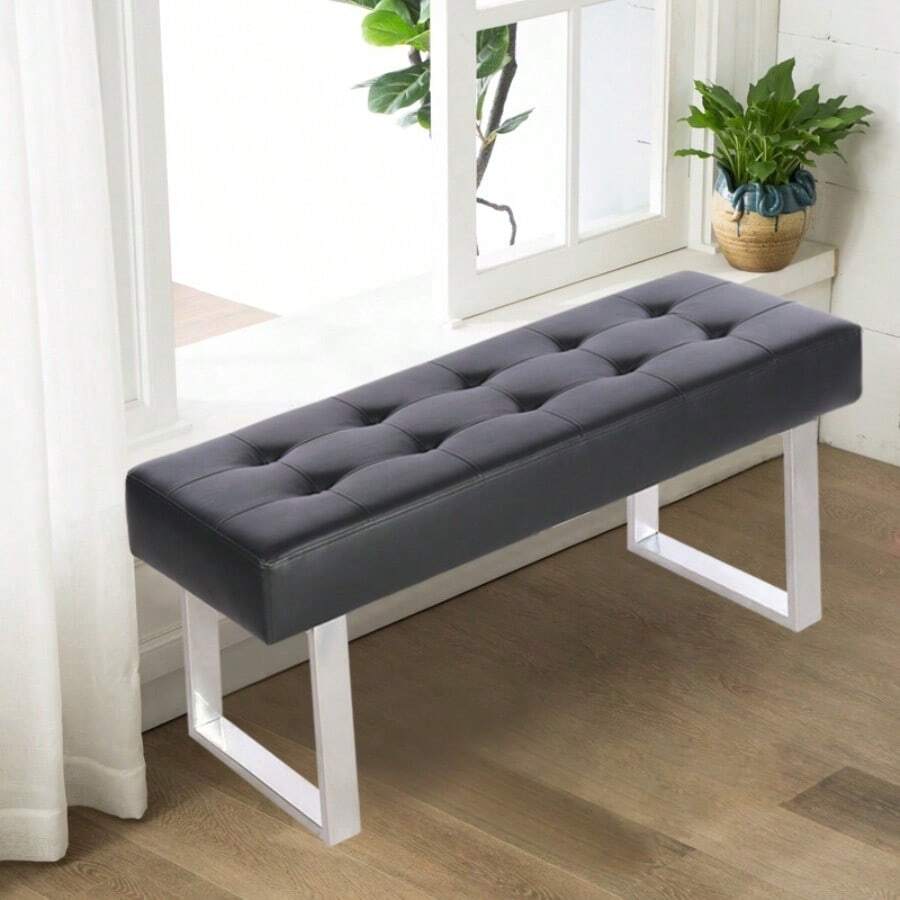 PU Leather Padded Dining Bench Hallway Living Room Seating Long Stool Shoe Bench Buttoned Bench Metal Legs - Black - View 1